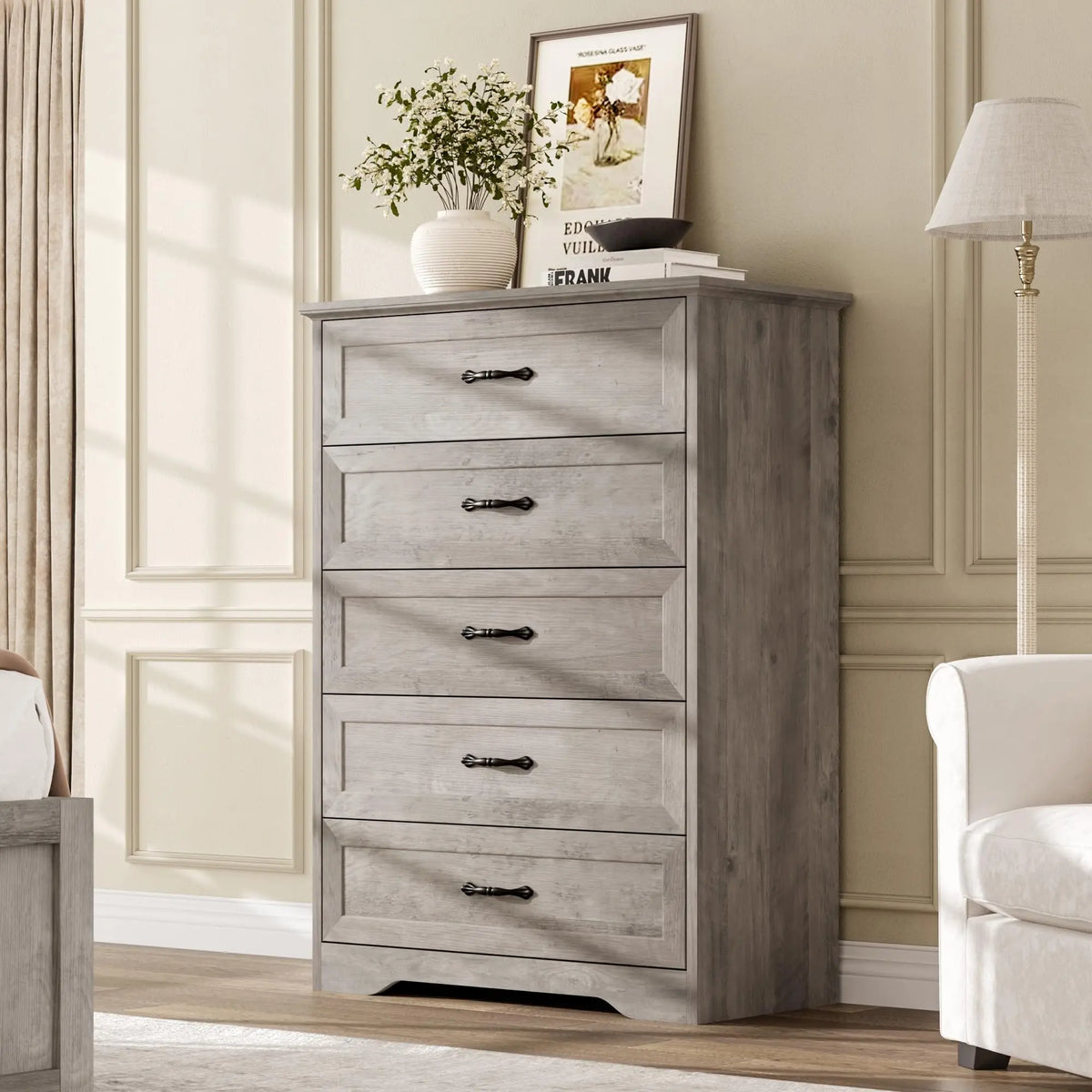 Garvee Farmhouse Wood 43.9" Tall 5 Drawer Dresser for Bedroom, Grey 