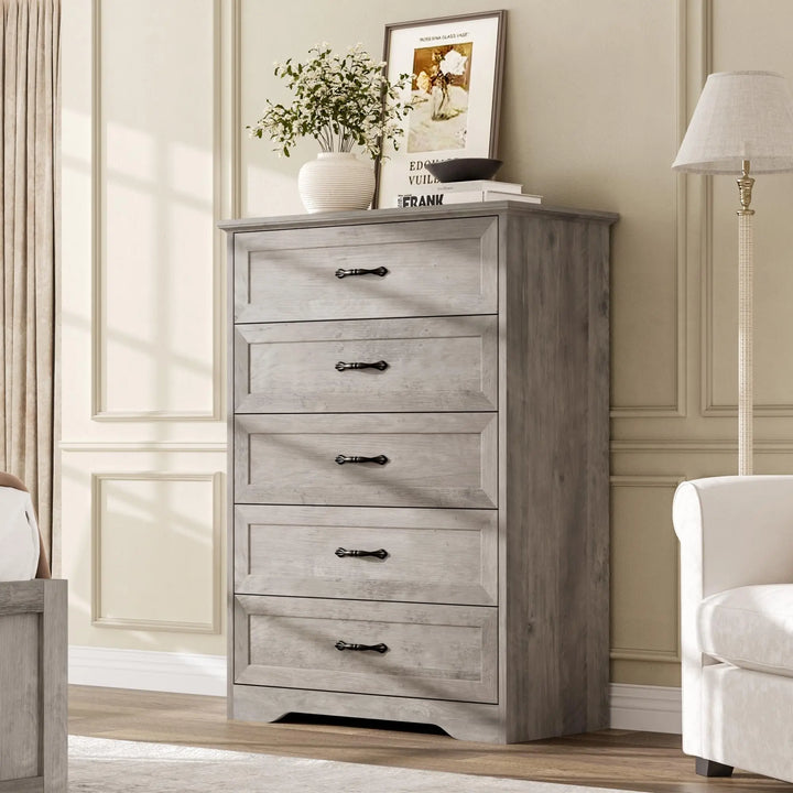 Garvee Farmhouse Wood 43.9" Tall 5 Drawer Dresser for Bedroom, Grey 