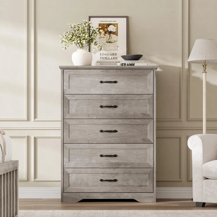 Garvee Farmhouse Wood 43.9" Tall 5 Drawer Dresser for Bedroom, Grey 