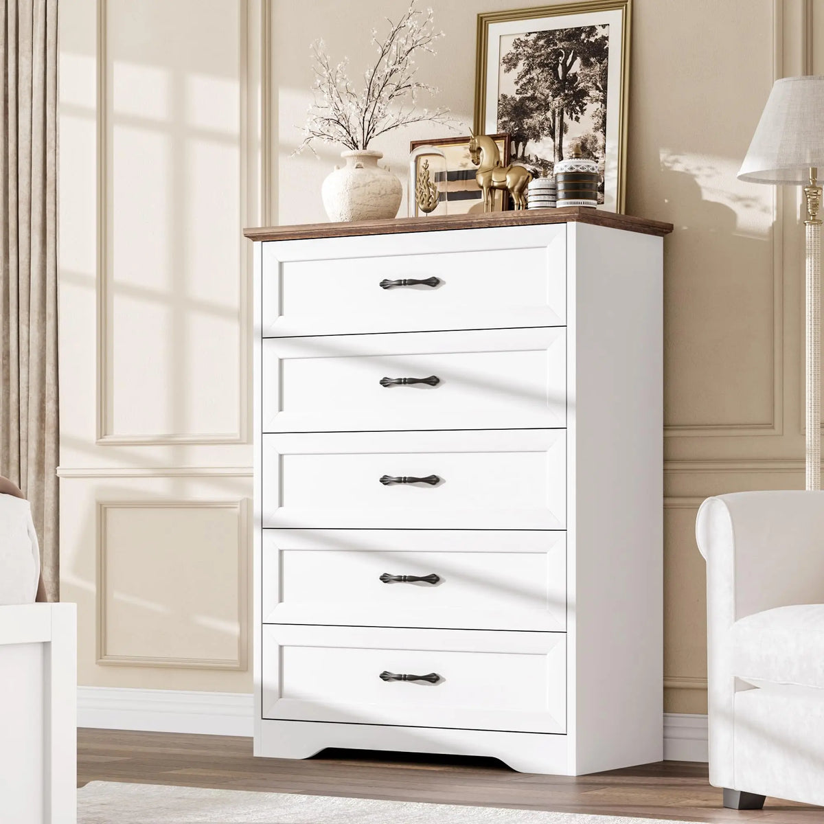 Garvee Farmhouse Wood Tall 5 Drawer Dresser for Bedroom, White and Brown 