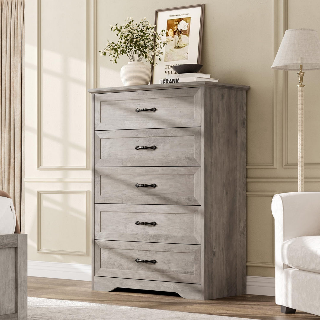 Garvee Farmhouse Wood 43.9" Tall 5 Drawer Dresser for Bedroom, Grey 