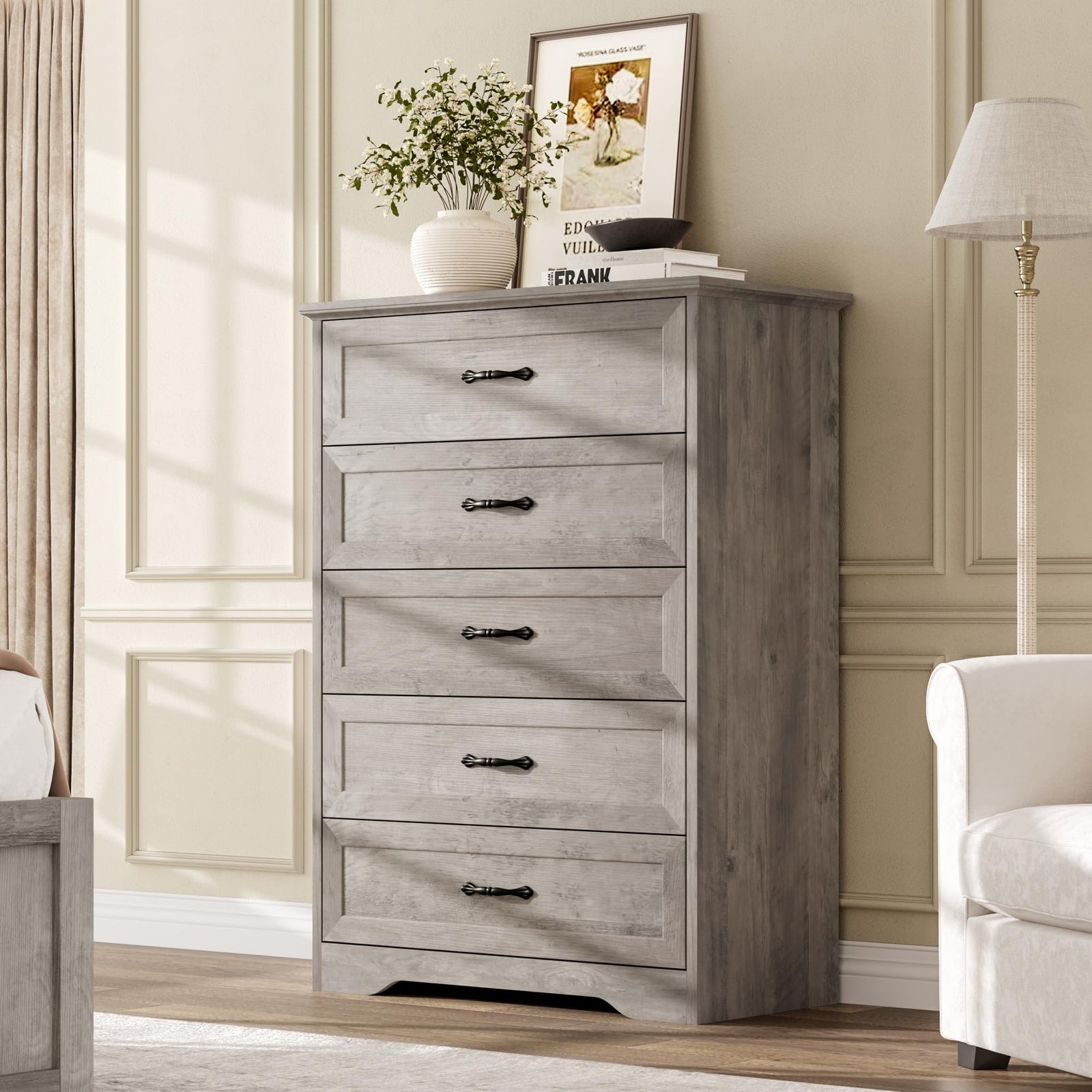 Garvee Farmhouse Wood 43.9" Tall 5 Drawer Dresser for Bedroom, Grey 