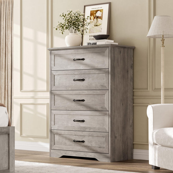 Garvee Farmhouse Wood 43.9" Tall 5 Drawer Dresser for Bedroom, Grey 