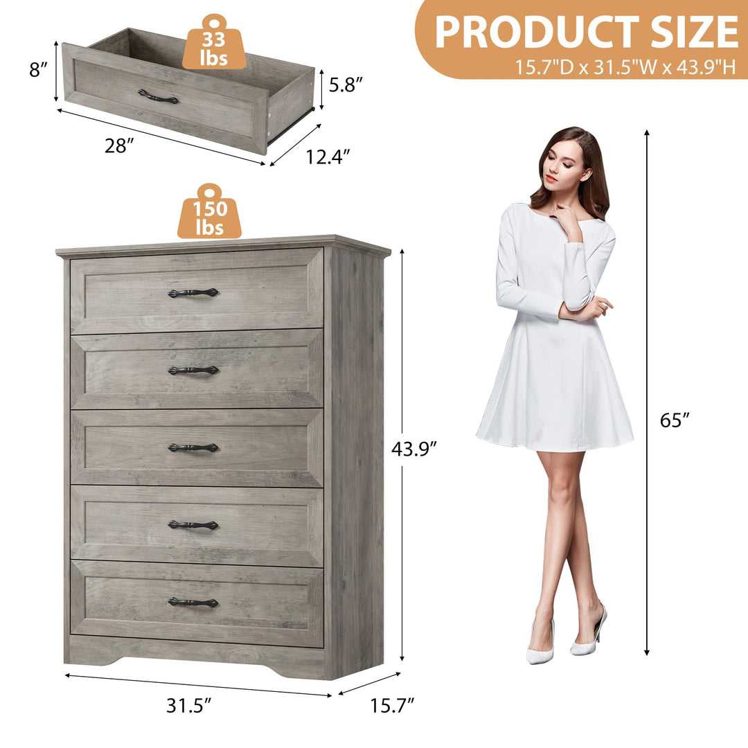 Garvee Farmhouse Wood 43.9" Tall 5 Drawer Dresser for Bedroom, Grey 