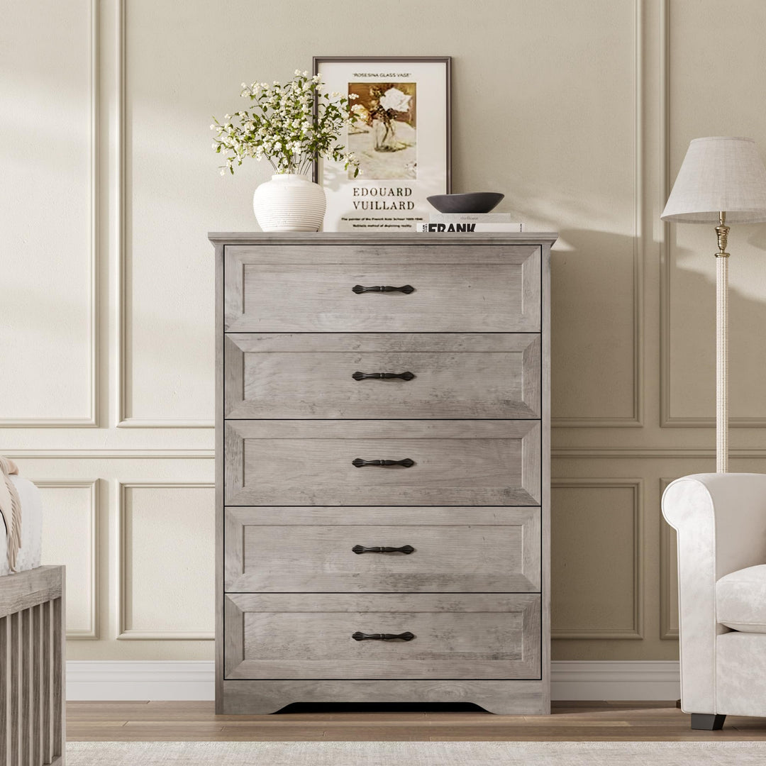 Garvee Farmhouse Wood 43.9" Tall 5 Drawer Dresser for Bedroom, Grey 