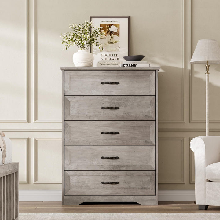 Garvee Farmhouse Wood 43.9" Tall 5 Drawer Dresser for Bedroom, Grey 