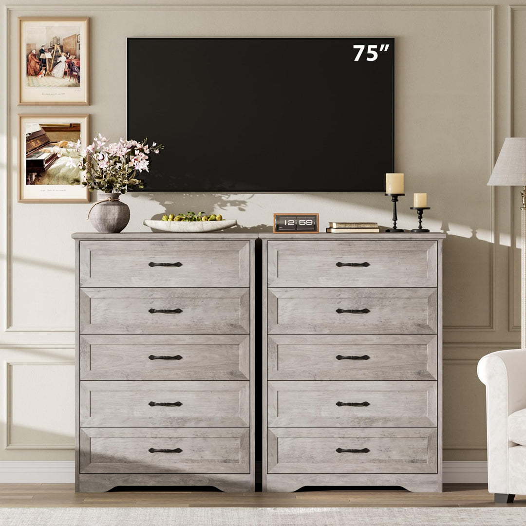 Garvee Farmhouse Wood 43.9" Tall 5 Drawer Dresser for Bedroom, Grey 