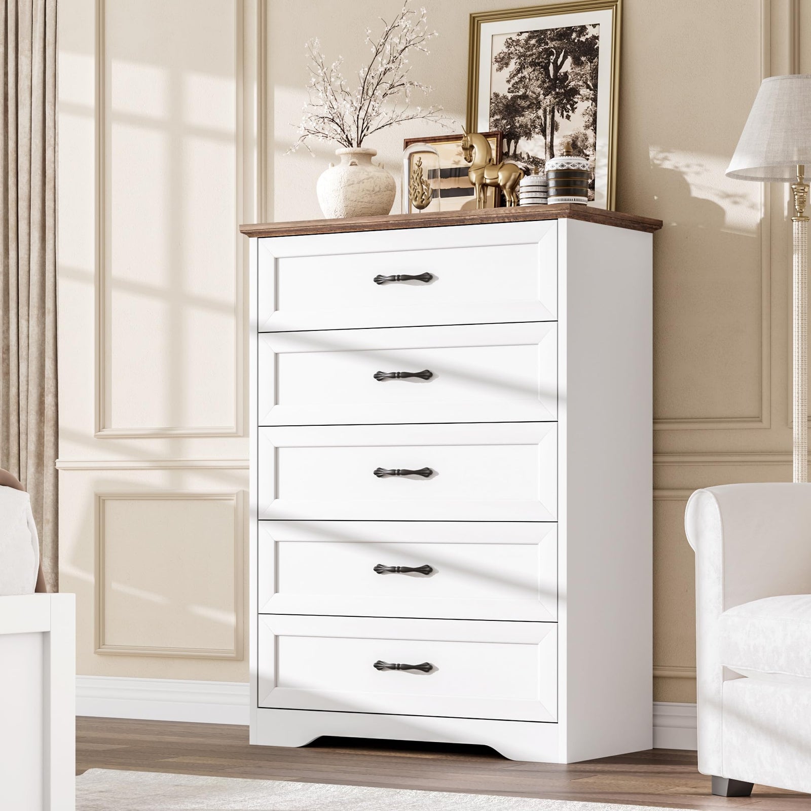 Garvee Farmhouse Wood Tall 5 Drawer Dresser for Bedroom, White and Brown 