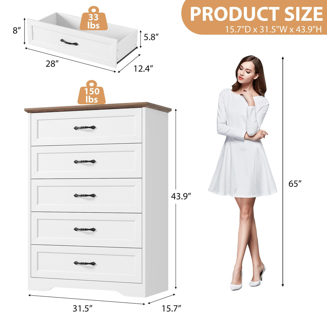 Garvee Farmhouse Wood Tall 5 Drawer Dresser for Bedroom, White and Brown 