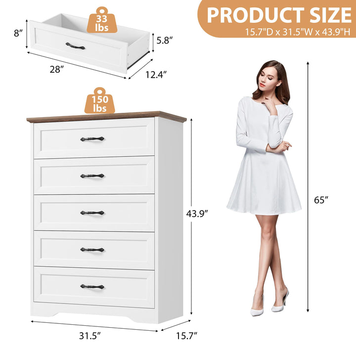 Garvee Farmhouse Wood Tall 5 Drawer Dresser for Bedroom, White and Brown 