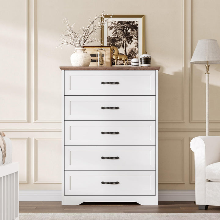 Garvee Farmhouse Wood Tall 5 Drawer Dresser for Bedroom, White and Brown 