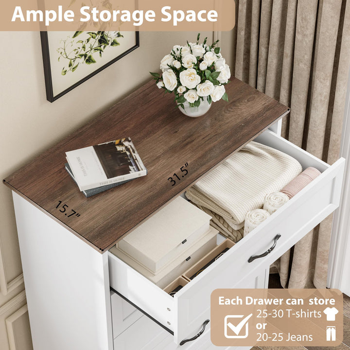 Garvee Farmhouse Wood Tall 5 Drawer Dresser for Bedroom, White and Brown 
