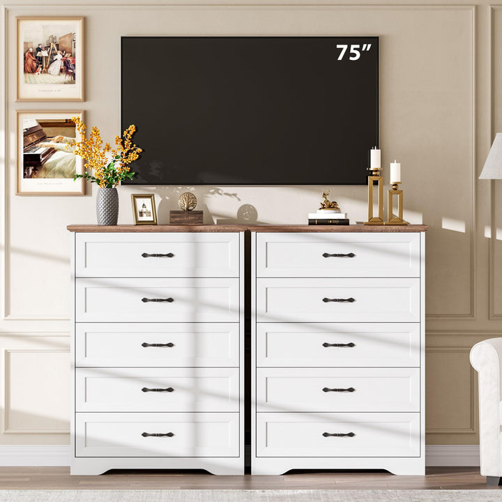 Garvee Farmhouse Wood Tall 5 Drawer Dresser for Bedroom, White and Brown 