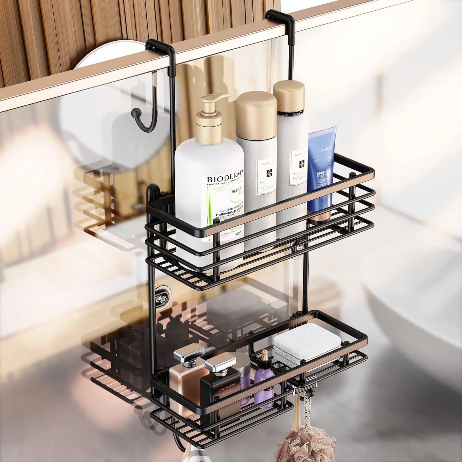 Gaseawolf Over Shower Door Caddy, Hanging Organizer With 2-Tier Rack and Hooks, Holds Body Wash, Shampoo, Soap, Razor, Towel 