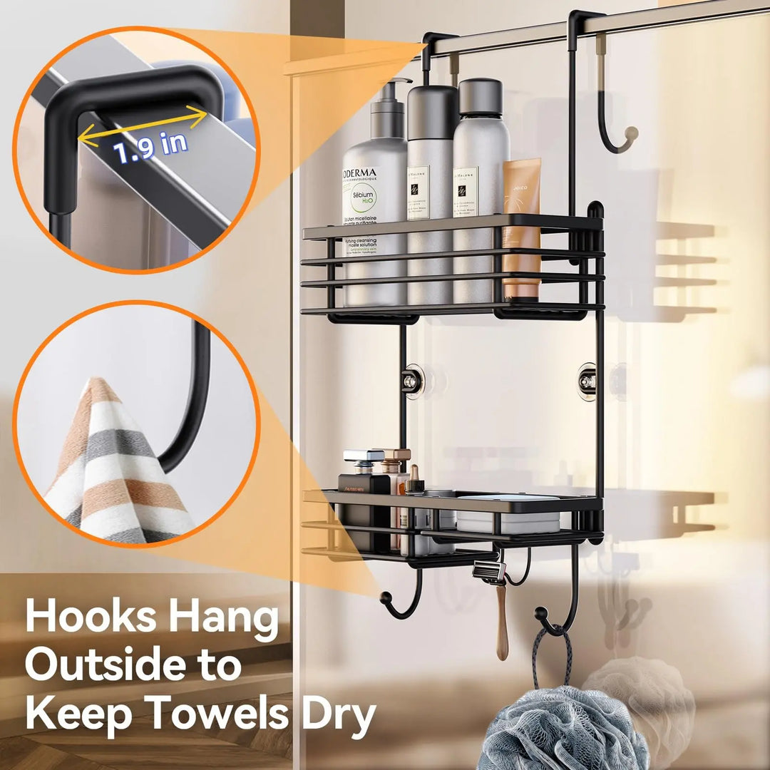 Gaseawolf Over Shower Door Caddy, Hanging Organizer With 2-Tier Rack and Hooks, Holds Body Wash, Shampoo, Soap, Razor, Towel 