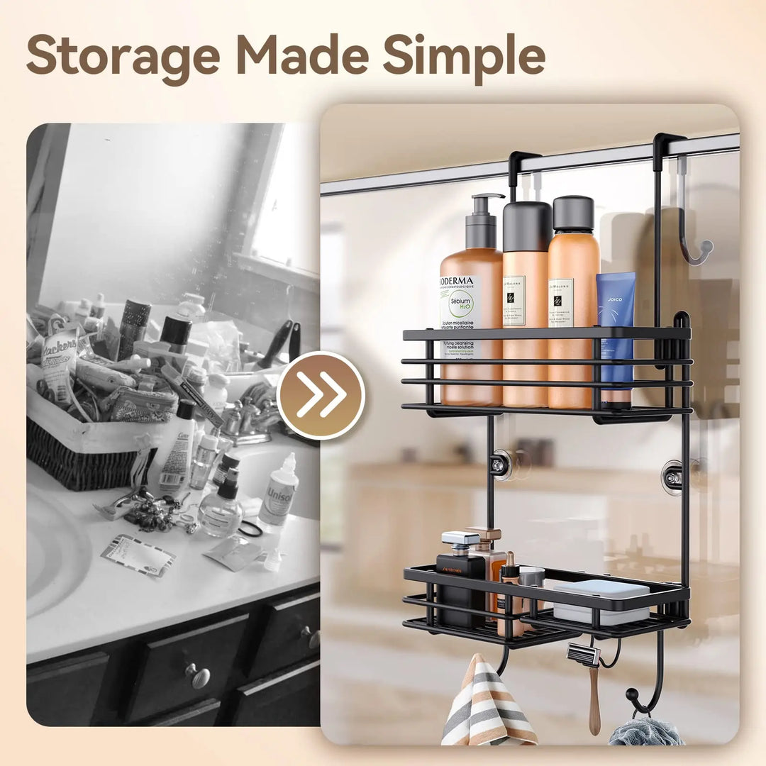 Gaseawolf Over Shower Door Caddy, Hanging Organizer With 2-Tier Rack and Hooks, Holds Body Wash, Shampoo, Soap, Razor, Towel 