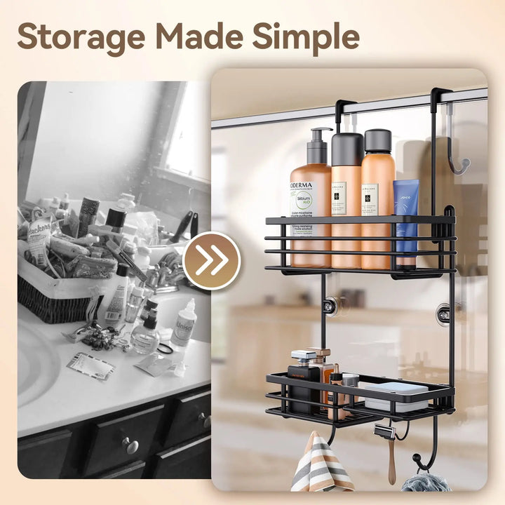 Gaseawolf Over Shower Door Caddy, Hanging Organizer With 2-Tier Rack and Hooks, Holds Body Wash, Shampoo, Soap, Razor, Towel 