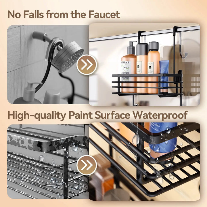 Gaseawolf Over Shower Door Caddy, Hanging Organizer With 2-Tier Rack and Hooks, Holds Body Wash, Shampoo, Soap, Razor, Towel 