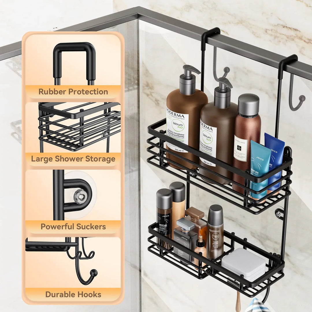 Gaseawolf Over Shower Door Caddy, Hanging Organizer With 2-Tier Rack and Hooks, Holds Body Wash, Shampoo, Soap, Razor, Towel 