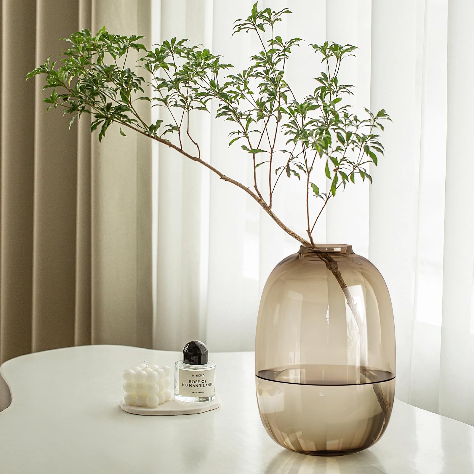 GeLive Brown Glass Vase Round Clear Colored Flower Vase for Centerpiece Long Stem Branch Fresh Artificial Plant Bottle Modern Home Indoor Decoration (Brown) 