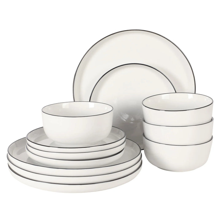 Gibson Home Oslo 12-Piece Porcelain Dinnerware Set, Classic White With Black Rim