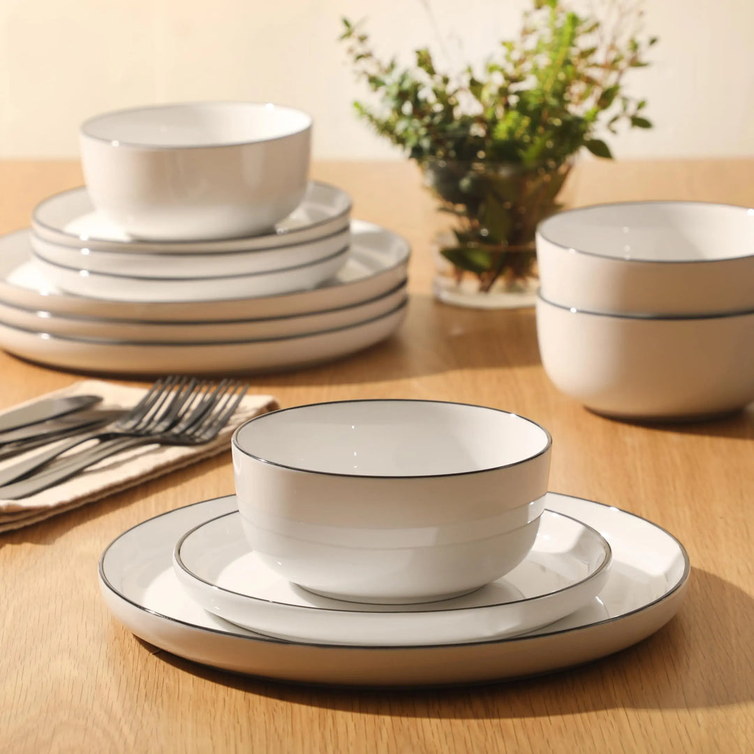 Gibson Home Oslo 12-Piece Porcelain Dinnerware Set, Classic White With Black Rim