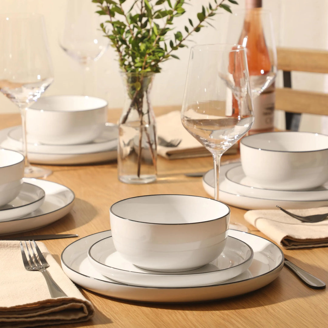 Gibson Home Oslo 12-Piece Porcelain Dinnerware Set, Classic White With Black Rim