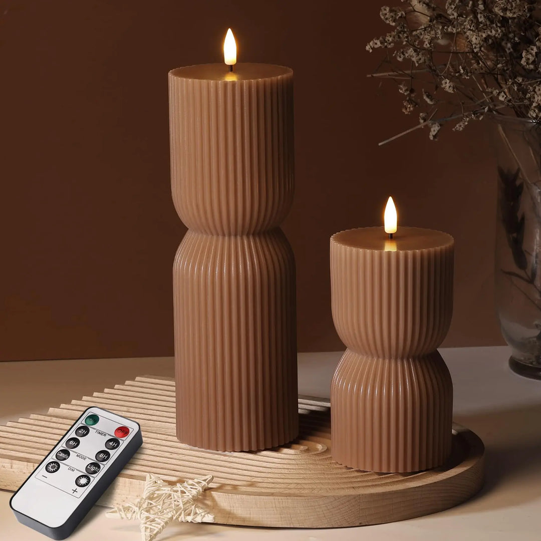 Girimax Brown Ribbed Fall Flameless Pillar Candles with Remote, Set of 2