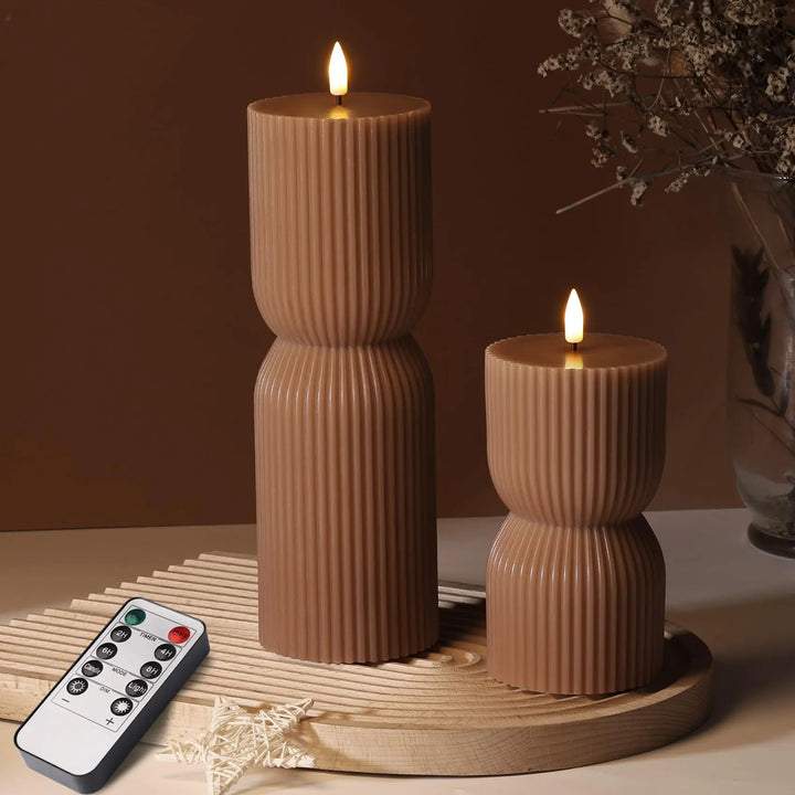 Girimax Brown Ribbed Fall Flameless Pillar Candles with Remote, Set of 2