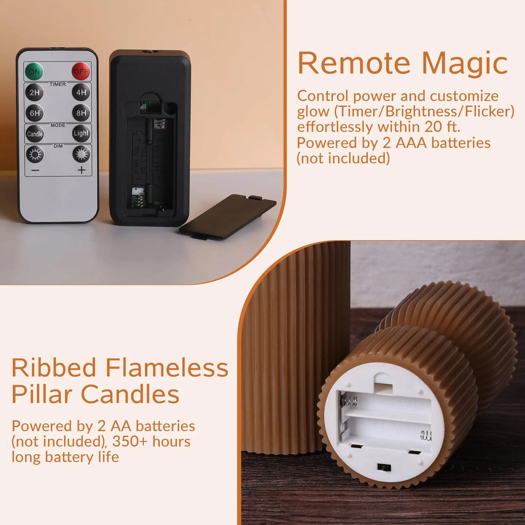 Girimax Brown Ribbed Fall Flameless Pillar Candles with Remote, Set of 2