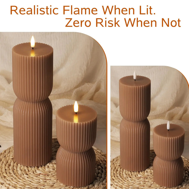 Girimax Brown Ribbed Fall Flameless Pillar Candles with Remote, Set of 2