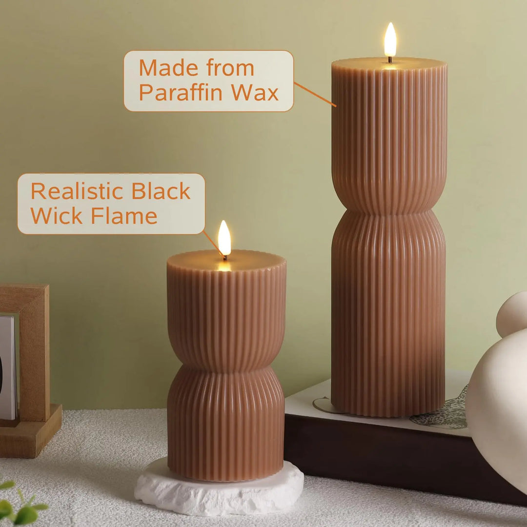 Girimax Brown Ribbed Fall Flameless Pillar Candles with Remote, Set of 2