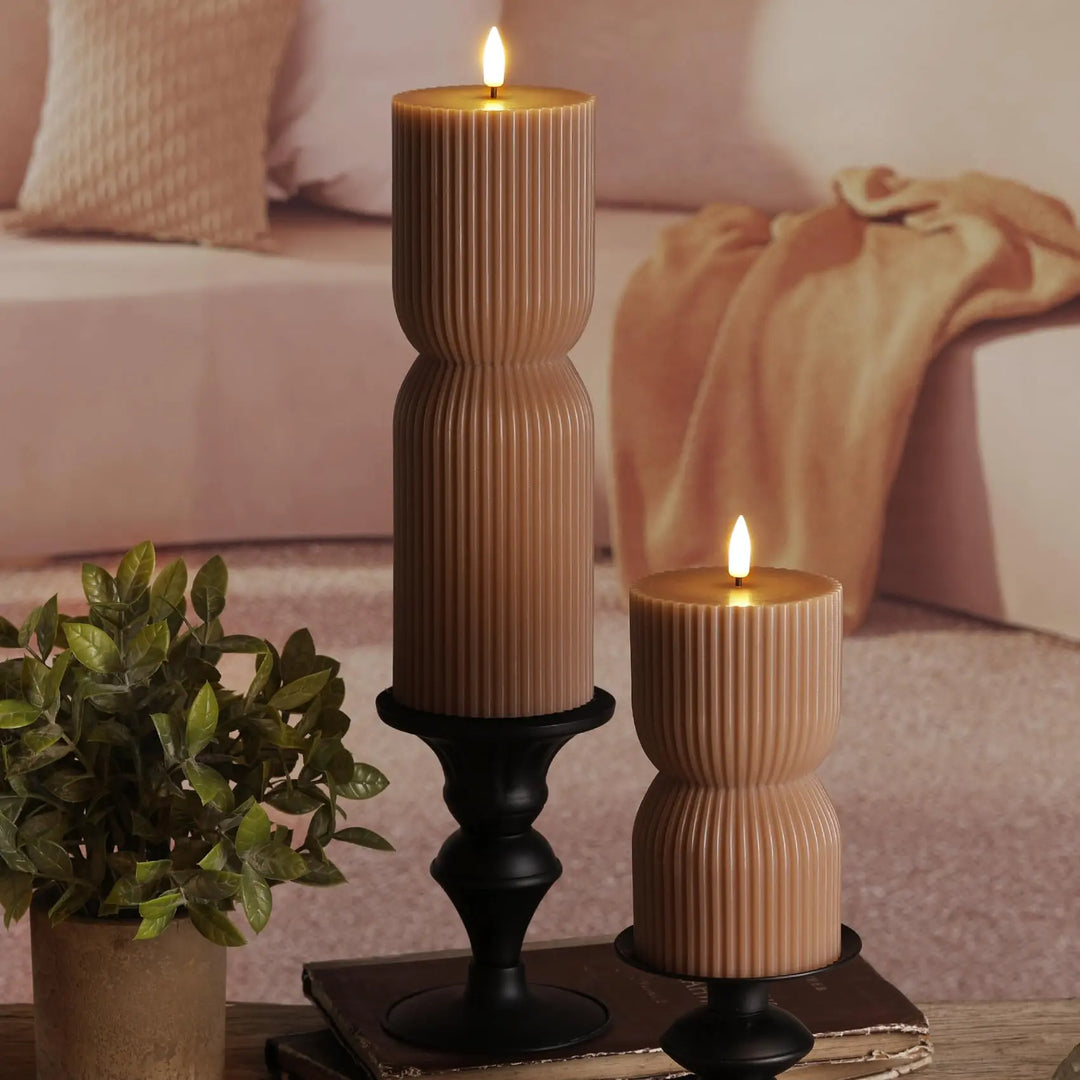 Girimax Brown Ribbed Fall Flameless Pillar Candles with Remote, Set of 2