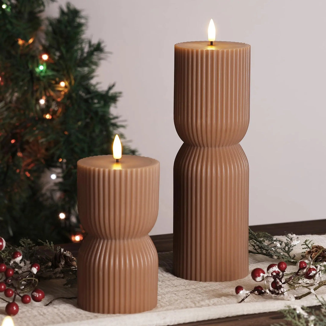 Girimax Brown Ribbed Fall Flameless Pillar Candles with Remote, Set of 2