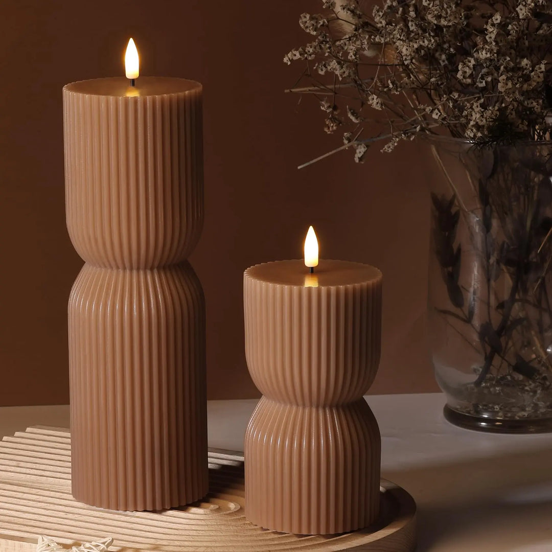 Girimax Brown Ribbed Fall Flameless Pillar Candles with Remote, Set of 2