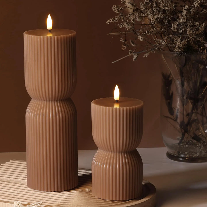 Girimax Brown Ribbed Fall Flameless Pillar Candles with Remote, Set of 2