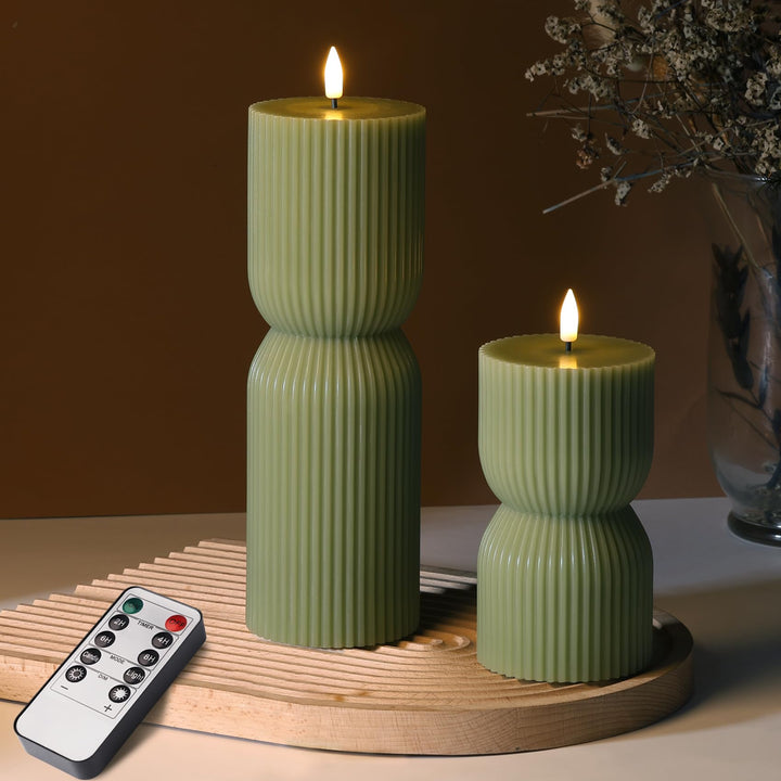 Girimax Olive Green Ribbed Flameless Pillar Candles with Remote Set of 2 