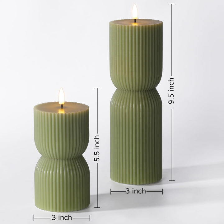 Girimax Olive Green Ribbed Flameless Pillar Candles with Remote Set of 2 