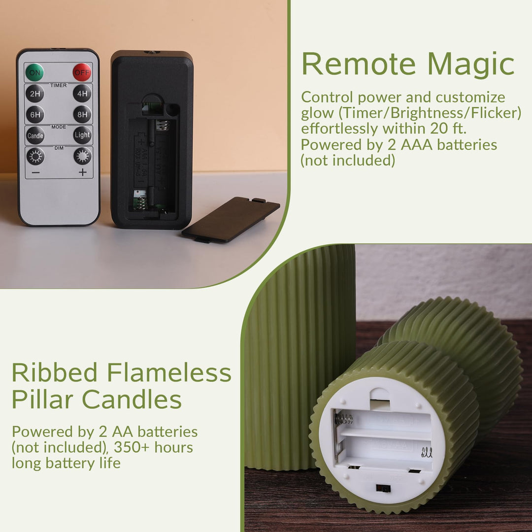 Girimax Olive Green Ribbed Flameless Pillar Candles with Remote Set of 2 