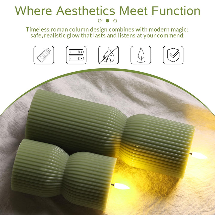 Girimax Olive Green Ribbed Flameless Pillar Candles with Remote Set of 2 