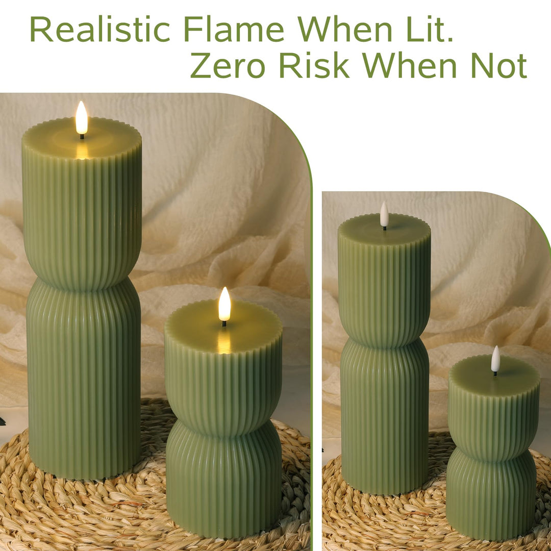 Girimax Olive Green Ribbed Flameless Pillar Candles with Remote Set of 2 