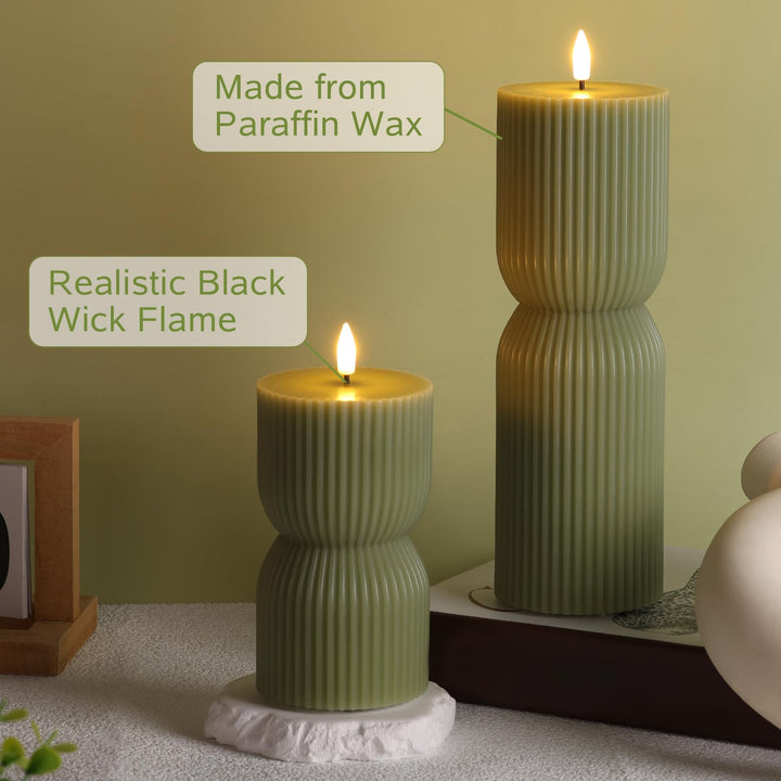 Girimax Olive Green Ribbed Flameless Pillar Candles with Remote Set of 2 