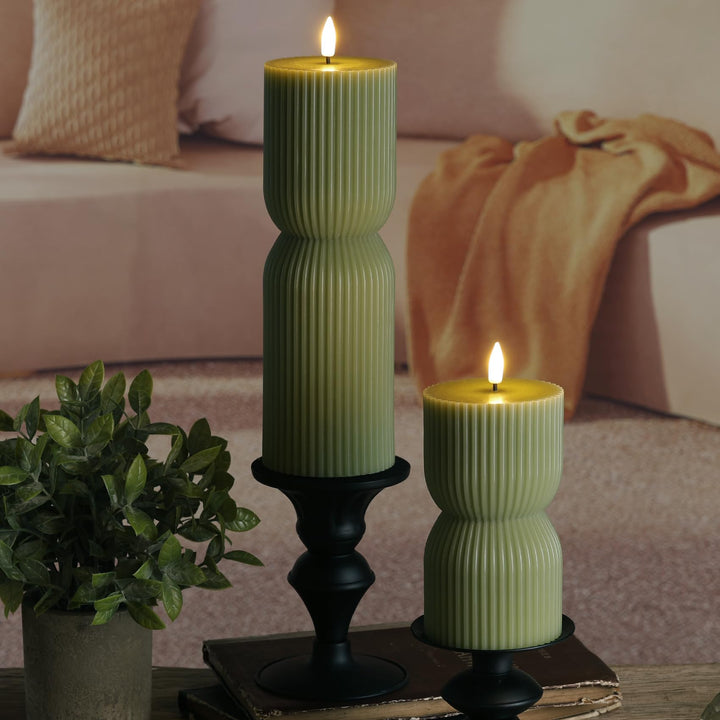 Girimax Olive Green Ribbed Flameless Pillar Candles with Remote Set of 2 
