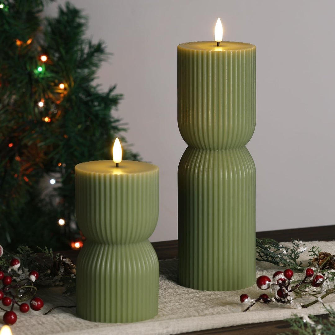 Girimax Olive Green Ribbed Flameless Pillar Candles with Remote Set of 2 