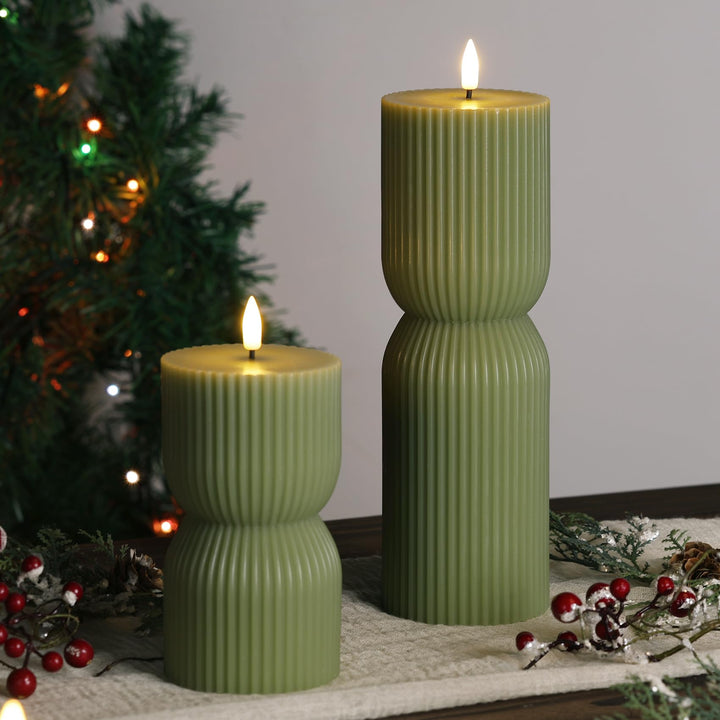 Girimax Olive Green Ribbed Flameless Pillar Candles with Remote Set of 2 