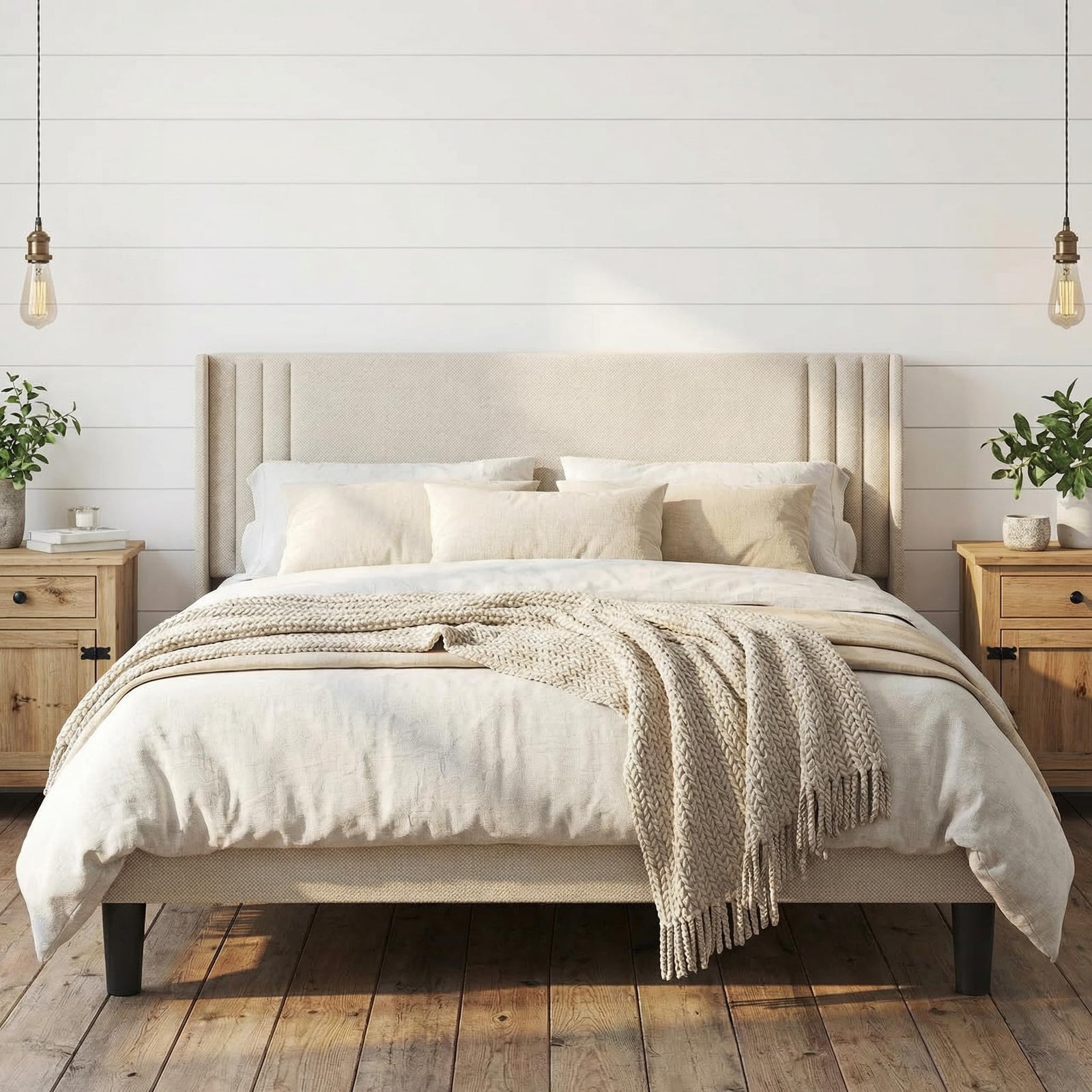 Gizoon Queen Bed Frame with Wingback Headboard, Upholstered Platform Bed 