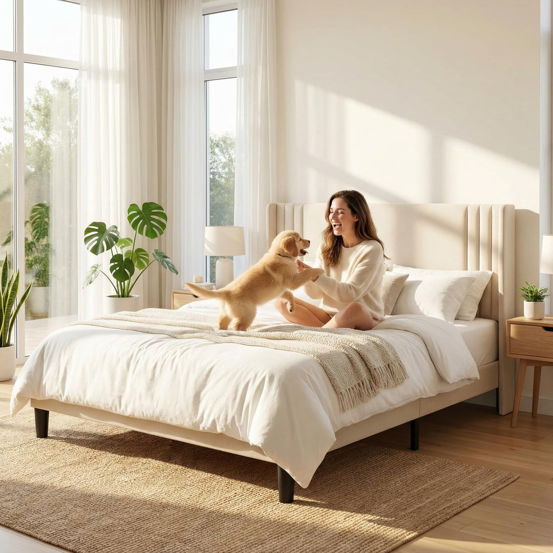Gizoon Queen Bed Frame with Wingback Headboard, Upholstered Platform Bed 