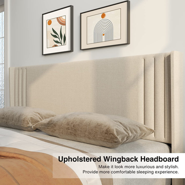 Gizoon Queen Bed Frame with Wingback Headboard, Upholstered Platform Bed 