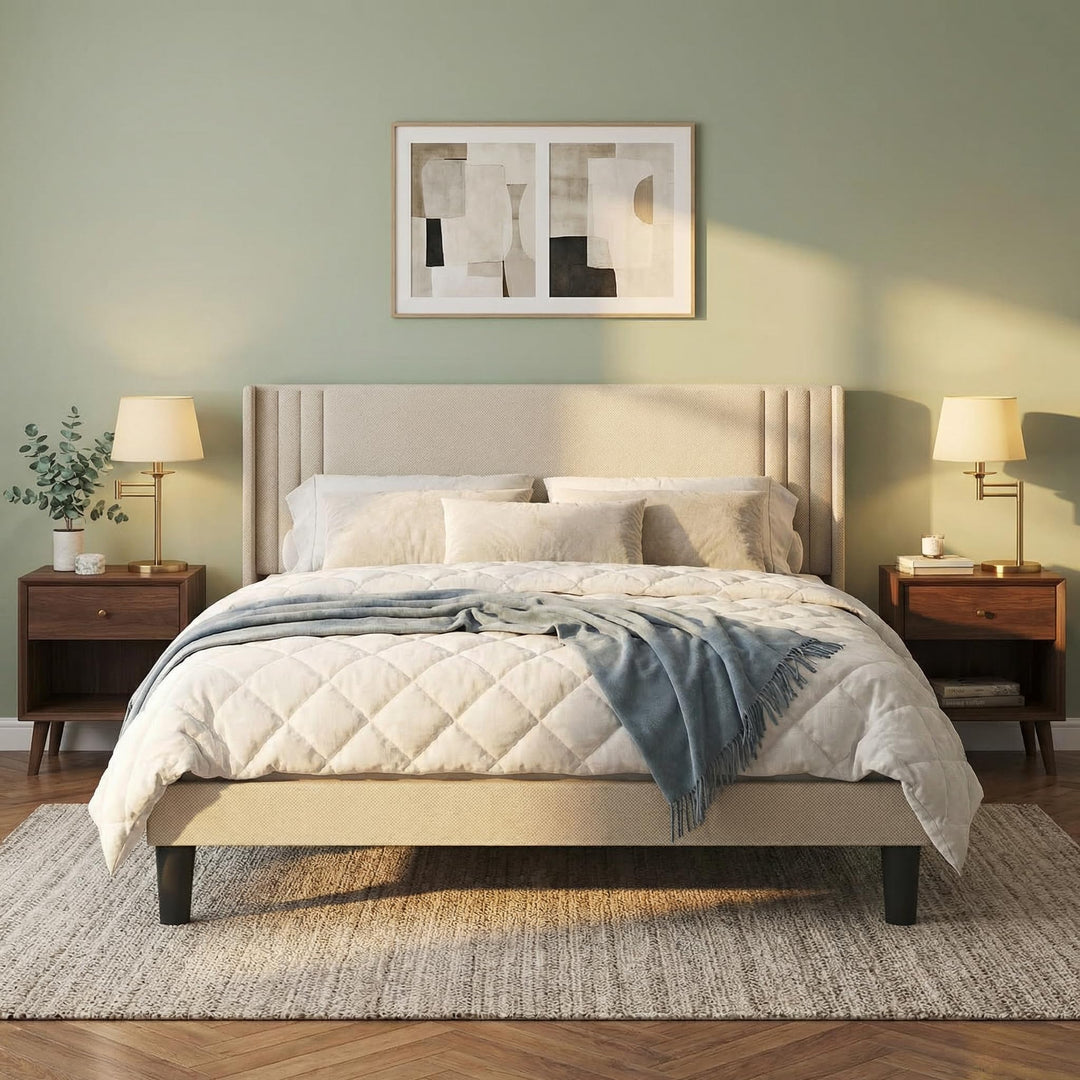 Gizoon Queen Bed Frame with Wingback Headboard, Upholstered Platform Bed 