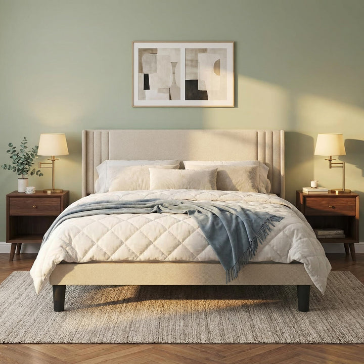 Gizoon Queen Bed Frame with Wingback Headboard, Upholstered Platform Bed 